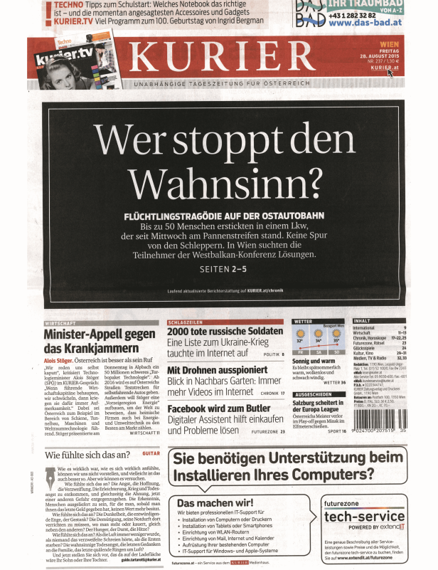 Titelseite des Kurier vom 28. August 2015 mit Schlagzeilen zu Flüchtlingstragödie und IT-Unterstützung.