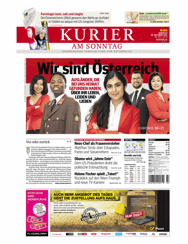 Titelseite des „Kurier am Sonntag“ mit Bildern von Menschen mit Migrationshintergrund und Schlagzeilen zu verschiedenen Themen.