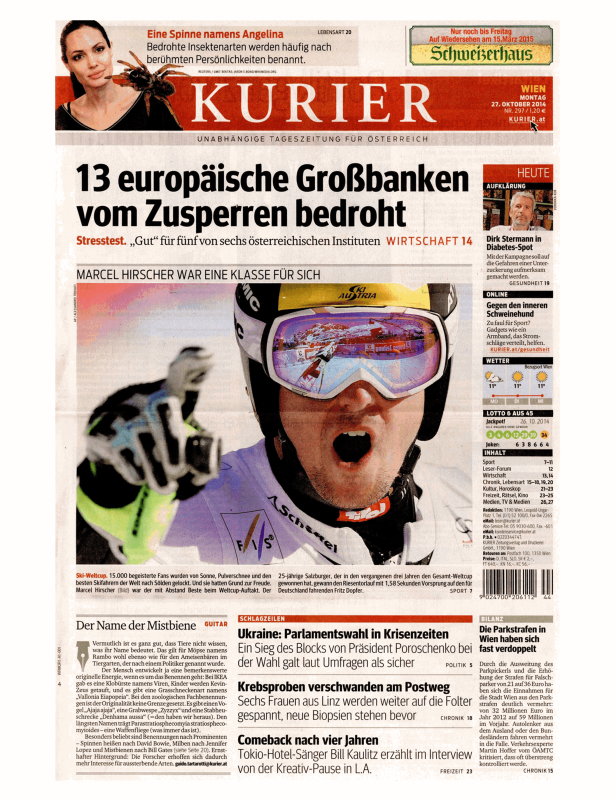 Titelseite des Kurier vom 27. Oktober 2014 mit einem Artikel über Marcel Hirscher.
