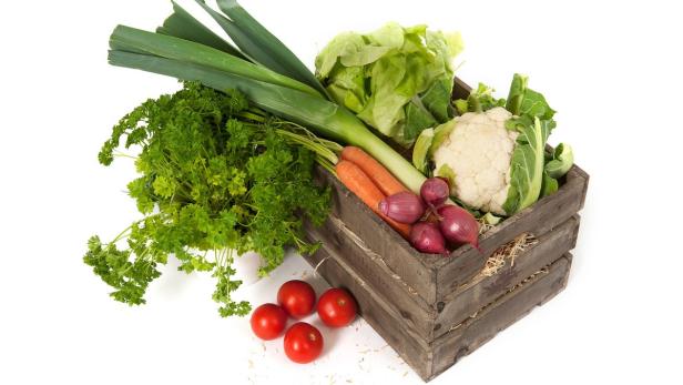 Ein Holzkasten gefüllt mit frischem Gemüse wie Lauch, Karotten, Zwiebeln und Blumenkohl.