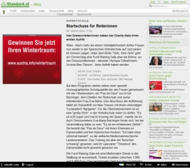 Ein Screenshot eines Artikels auf dieStandard.at über den Startschuss für Reiterinnen in der Hofreitschule.