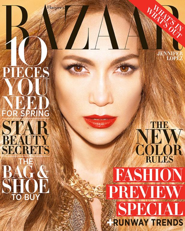Das Cover von Harper's Bazaar zeigt Jennifer Lopez mit roten Lippen und goldenem Schmuck.