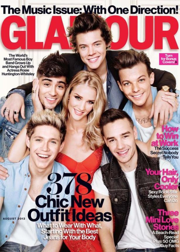 Das Cover der Zeitschrift Glamour mit One Direction und Rosie Huntington-Whiteley, August 2013.