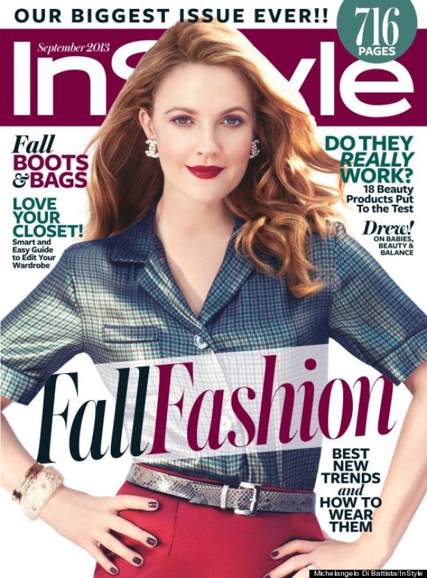 Drew Barrymore auf dem Cover der InStyle September 2013 Ausgabe zum Thema Herbstmode.