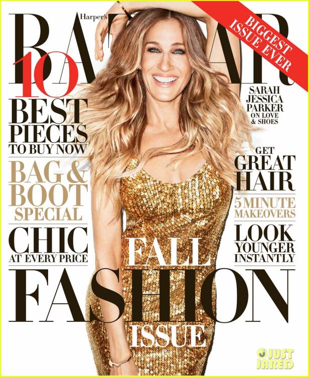 Sarah Jessica Parker auf dem Cover der Herbstausgabe von Harper's Bazaar in einem goldenen Paillettenkleid.