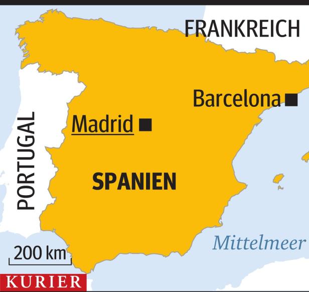 Eine Karte von Spanien, Portugal und einem Teil Frankreichs mit den Städten Madrid und Barcelona.
