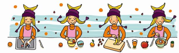 Eine stilisierte Illustration eines Mädchens, das in vier Schritten ein Rezept zubereitet.