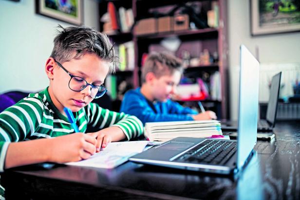 Little boys attending to online school class.