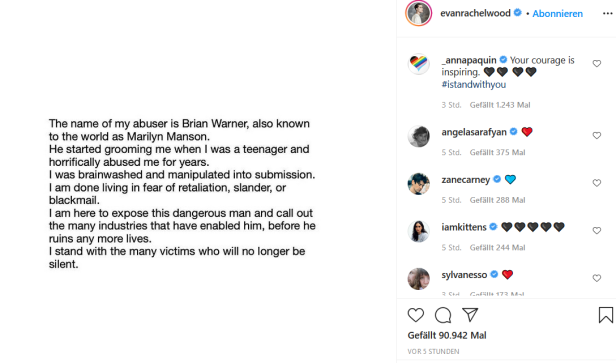 "Gefährlicher Mann": Evan Rachel Wood erhebt schwere Missbrauchsvorwürfe gegen Marilyn Manson