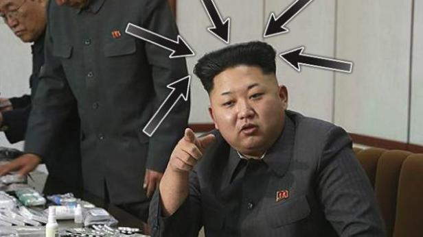 Kim Jong-un zeigt mit dem Finger auf den Betrachter, Pfeile lenken den Blick auf seine Frisur.