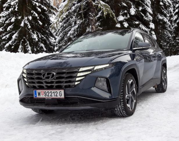 Ein dunkelblauer Hyundai Tucson steht im Schnee vor einem Wald.