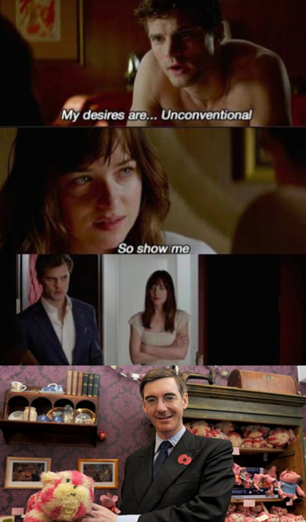Ein zusammengesetztes Bild mit Szenen aus „Fifty Shades of Grey“ und Jacob Rees-Mogg in einem Laden mit Stofftieren.