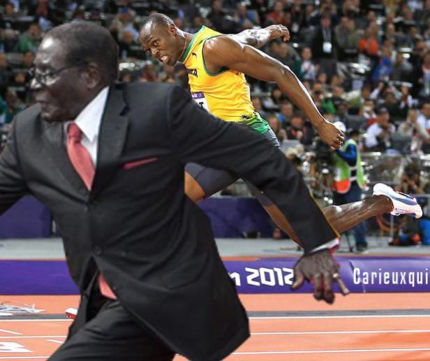 Usain Bolt überholt Robert Mugabe auf einer Laufbahn.