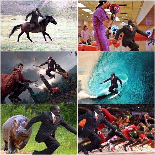 Ein Mann im Anzug reitet auf einem Pferd, fliegt auf einem Besen und surft auf einer Welle in einer Collage.