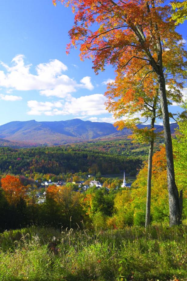 Blick auf eine Stadt im Herbst mit bunten Bäumen und Bergen im Hintergrund.