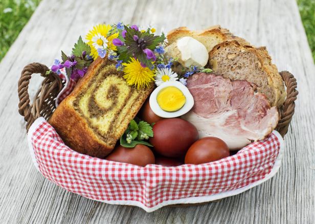 Easter traditional food with ham, eggs and bread
