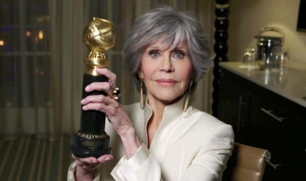 Jane Fonda, recipient of the Cecil B. DeMille Award, in this handout screen grab from the 78th Annual Golden Globe Awards in Beverly Hills