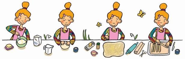 Eine stilisierte Illustration, die ein Mädchen beim Backen von Keksen zeigt.