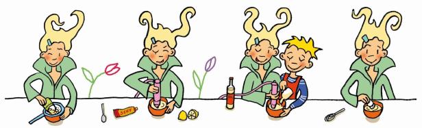 Eine stilisierte Illustration, die die Zubereitung von Mayonnaise in vier Schritten zeigt.