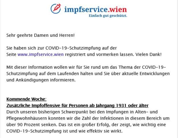 Wiener Info-Mail zur Corona-Impfung für Ü-90-Jährige sorgt für Verwirrung
