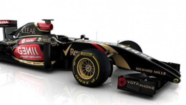 Ein schwarzer und goldener Formel-1-Rennwagen mit Sponsorenaufklebern.