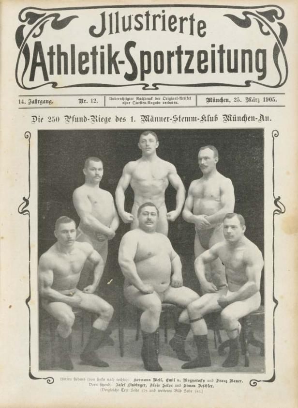 Titelseite der „Illustrierten Athletik-Sportzeitung“ vom 25. März 1905 mit der 250-Pfund-Riege des 1. Männer-Stemm-Klubs München-Au.