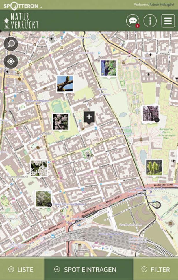Ein Screenshot der „Natur Verrückt“-App mit einer Karte von Wien und Natur-Markierungen.