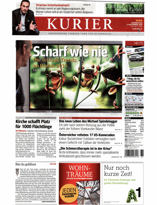 Titelseite des Kurier vom 3. September 2015 mit Fröschen als Aufmacher zum Thema Techniktrends.