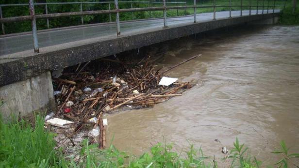 Ein Fluss unter einer Brücke ist durch Äste und Müll verstopft.
