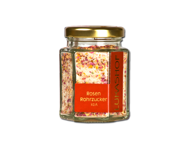 Ein Glas „Rosen Rohrzucker“ der Marke Lukashof.