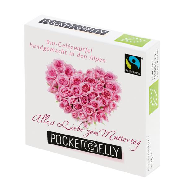 Eine Packung PocketGelly Bio-Geléewürfel „Alles Liebe zum Muttertag“ mit Rosenherz.