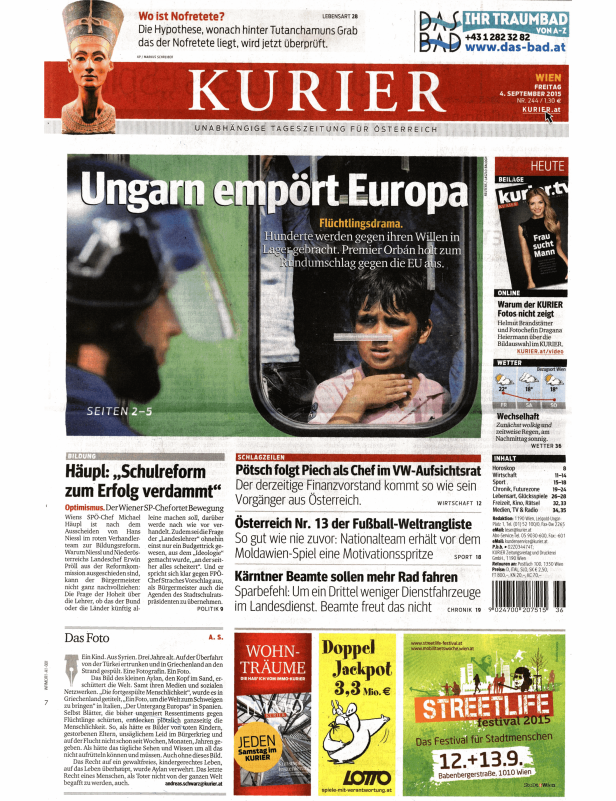 Titelseite des Kurier vom 4. September 2015 mit dem Titel „Ungarn empört Europa“.