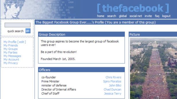 Ein Screenshot der Facebook-Gruppe „The Biggest Facebook Group Ever“ aus dem Jahr 2005.