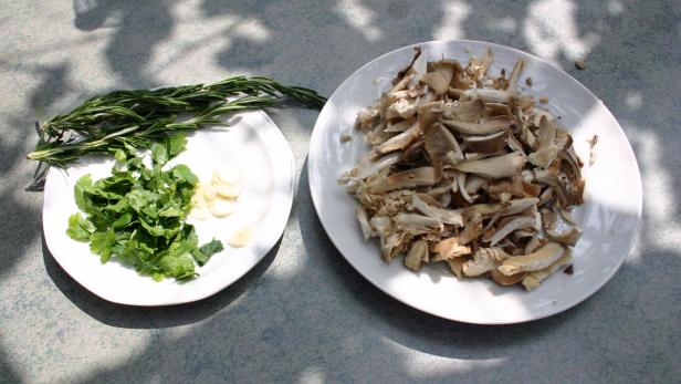 Zwei Teller mit Zutaten: Rosmarin, Petersilie, Knoblauch und geschnittene Pilze.