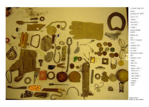 Eine Sammlung von Fundstücken, darunter ein Handschuh, Werkzeuge und Münzen, auf einem Tisch ausgebreitet.