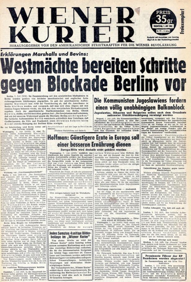 Titelseite des „Wiener Kurier“ vom 1. Juli 1948 mit der Schlagzeile zur Berliner Blockade.
