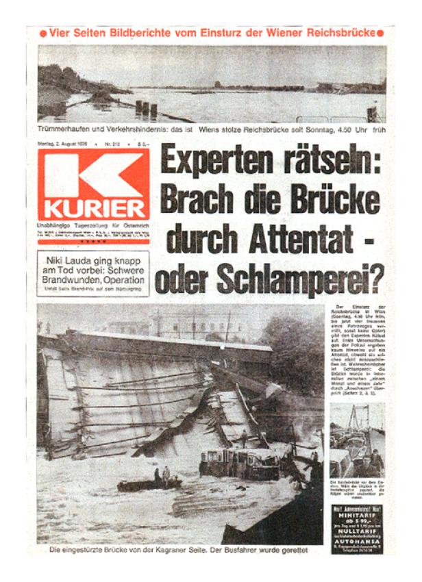 Titelseite des Kurier vom 2. August 1976 über den Einsturz der Wiener Reichsbrücke.