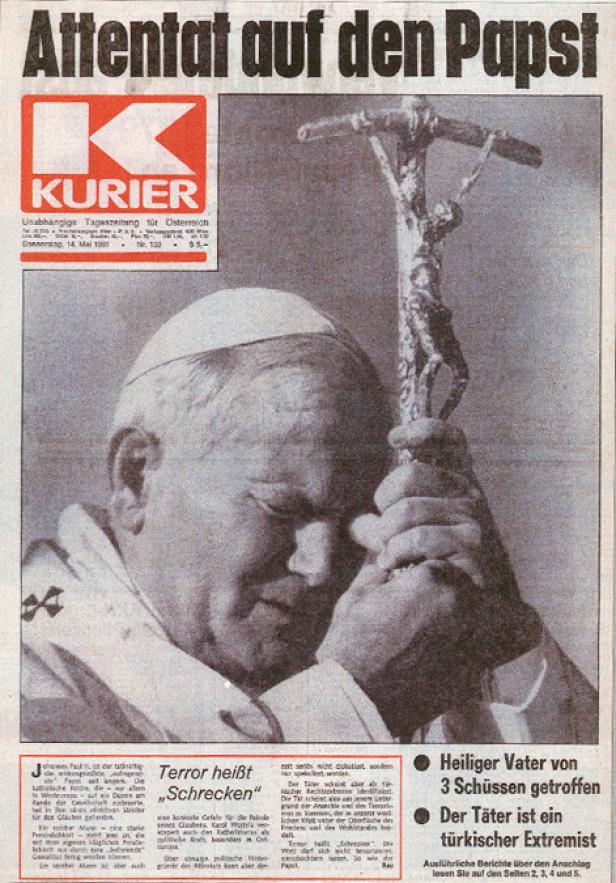 Titelseite des „Kurier“ vom 14. Mai 1981 mit der Schlagzeile „Attentat auf den Papst“.