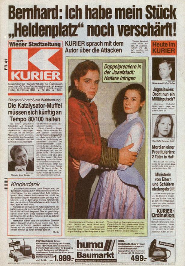 Titelseite des „Kurier“ vom 14. Oktober 1988 mit einem Artikel über „Heldenplatz“.