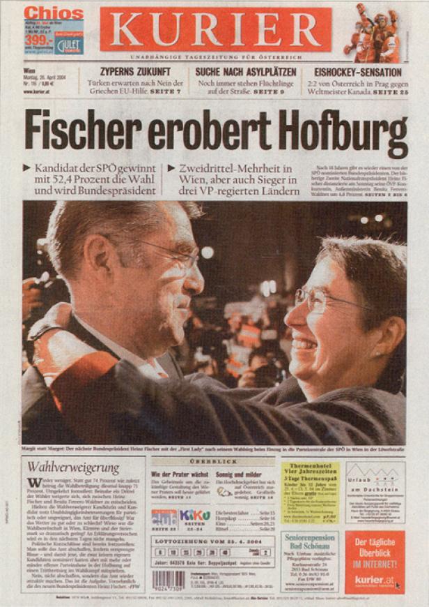 Titelseite des „Kurier“ vom 26. April 2004 mit der Schlagzeile „Fischer erobert Hofburg“.