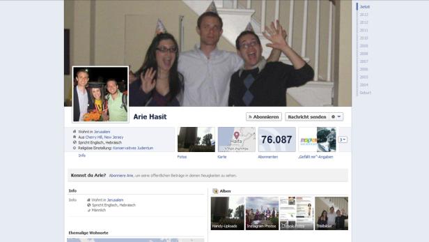Ein Screenshot des Facebook-Profils von Arie Hasit mit Freunden, einige tragen Partyhüte.