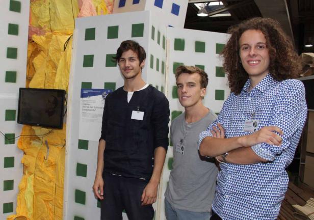Drei junge Männer stehen vor einem Stand mit dem Thema Energiewende.