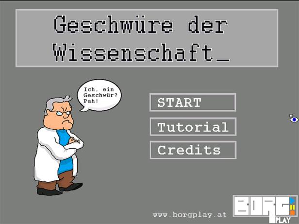 Startbildschirm des Spiels „Geschwüre der Wissenschaft“ mit einem verärgerten Wissenschaftler.