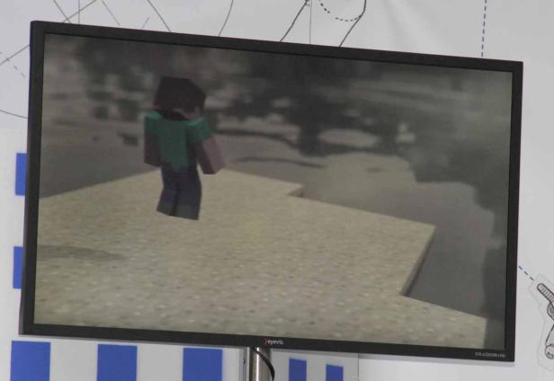 Ein Bildschirm zeigt eine Figur aus dem Spiel Minecraft.