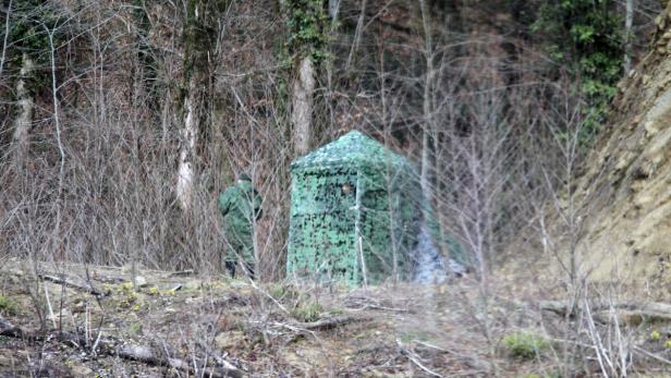 Eine getarnte Beobachtungsstation im Wald, neben der eine Person steht.