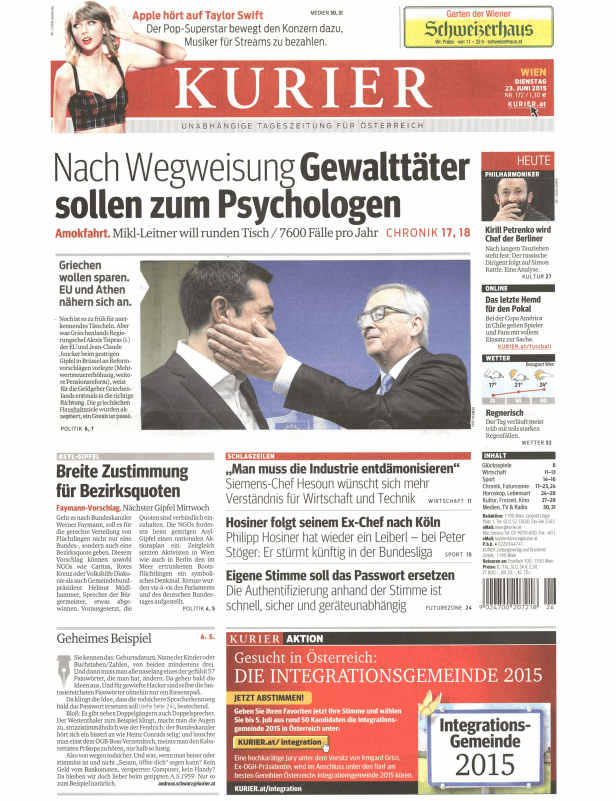 Titelseite der österreichischen Tageszeitung „Kurier“ vom 23. Juni 2015.
