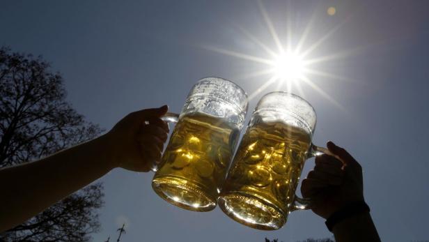 Zwei Maßkrüge Bier werden in der Sonne angestoßen.