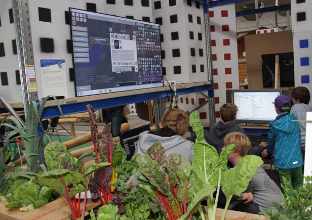 Eine Gruppe Kinder spielt das Computerspiel Minecraft vor einem Beet mit Gemüse.