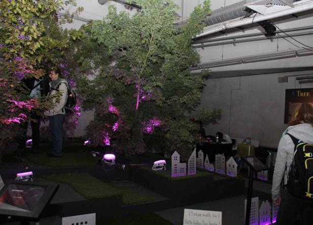 Besucher erkunden eine Baumausstellung mit lila Beleuchtung und stilisierten Häusern.