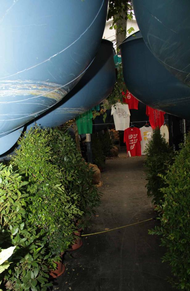 Ein Gang mit T-Shirts, der von großen blauen Objekten und Pflanzen gesäumt ist.